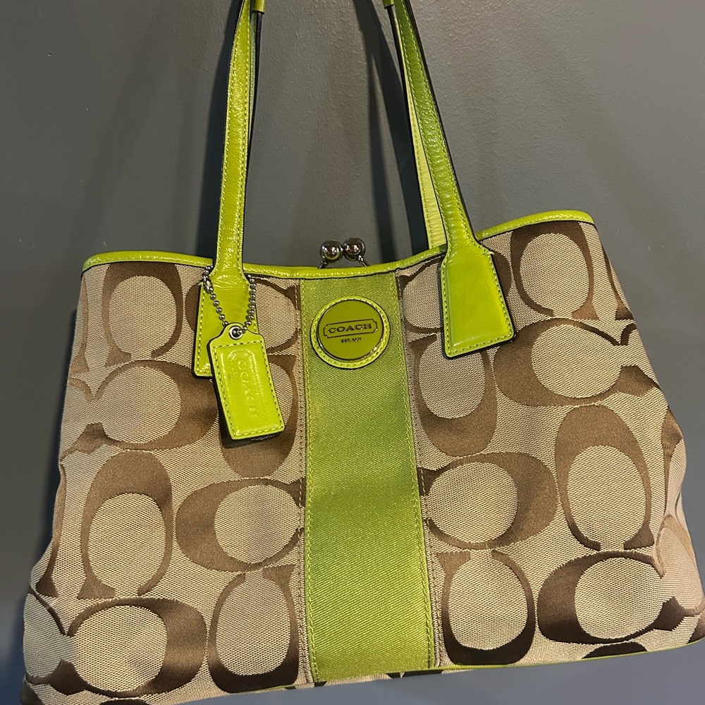 Vintage Coach tote with lime green accents